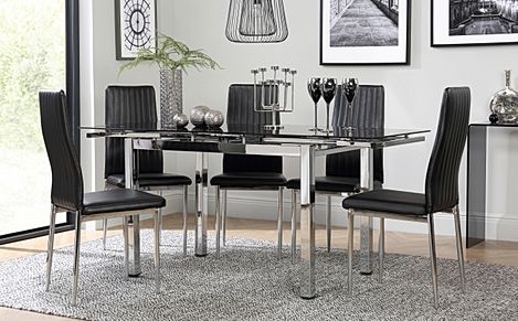 Space Chrome and Black Glass Extending Dining Table with 6 Leon Black Leather Chairs