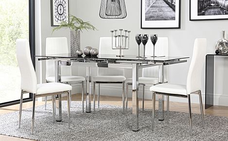 Space Chrome and Black Glass Extending Dining Table with 6 Leon White Leather Chairs