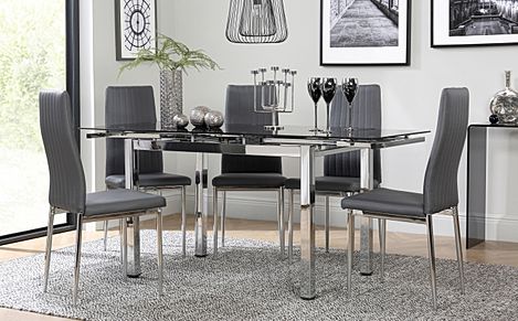 Space Chrome and Black Glass Extending Dining Table with 4 Leon Grey Leather Chairs