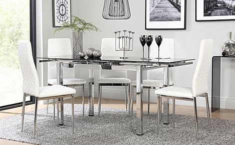 Space Chrome and Black Glass Extending Dining Table with 4 Renzo White Leather Chairs