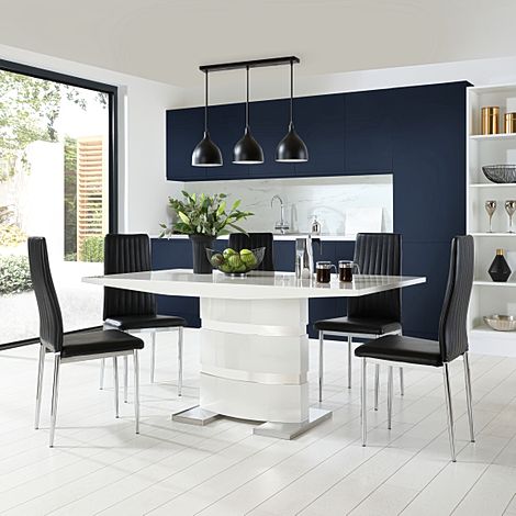 Komoro Dining Table & 4 Leon Chairs, White High Gloss & Chrome, Black Classic Faux Leather, 160cm