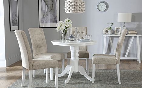 Kingston Round White Dining Table with 4 Regent Oatmeal Fabric Chairs