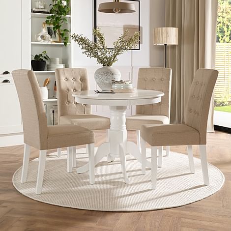 Kingston Round Dining Table & 4 Regent Chairs, White Wood, Oatmeal Classic Linen-Weave Fabric, 90cm