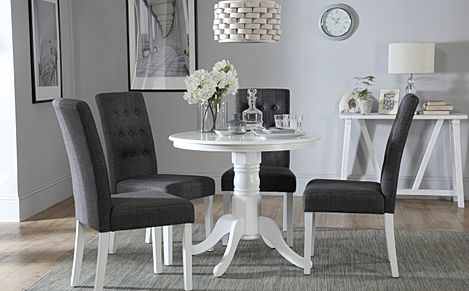 Kingston Round Dining Table & 4 Regent Chairs, White Wood, Slate Grey Classic Linen-Weave Fabric, 90cm