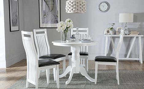 Kingston Round Dining Table & 4 Java Chairs, White Wood, Black Classic Faux Leather, 90cm