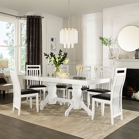 Chatsworth White Extending Dining Table with 6 Java Chairs (Black Leather Seat Pads)