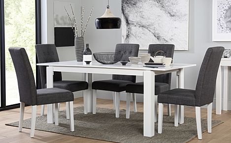 Aspen Extending Dining Table & 6 Regent Chairs, White Wood, Slate Grey Classic Linen-Weave Fabric, 150-180cm