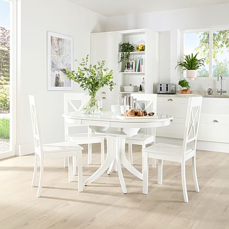 Hudson Round Extending Dining Table & 4 Kendal Chairs, White Wood, 90-120cm