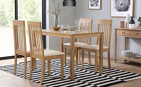 Milton Dining Table & 6 Oxford Chairs, Natural Oak Finished Solid Hardwood, Ivory Classic Faux Leather, 120cm