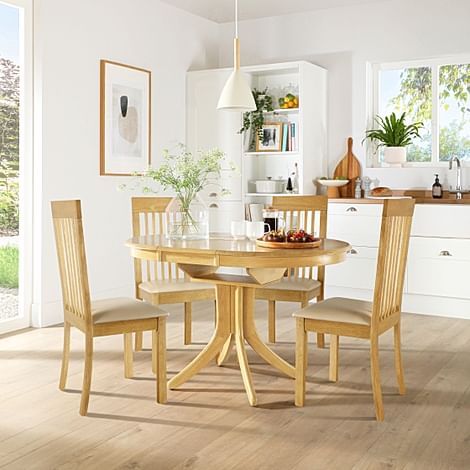 Hudson Round Extending Dining Table & 4 Oxford Chairs, Natural Oak Finished Solid Hardwood, Ivory Classic Faux Leather, 90-120cm