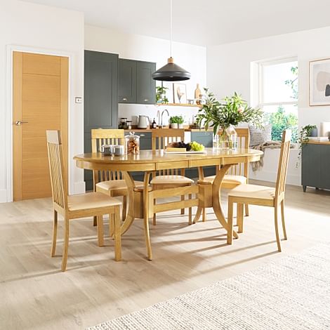 Townhouse Oval Extending Dining Table & 4 Oxford Chairs, Natural Oak Finished Solid Hardwood, Ivory Classic Faux Leather, 150-180cm