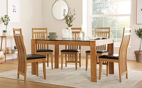 Tate 150cm Oak and Glass Dining Table with 4 Bali Chairs (Brown Leather Seat Pads)