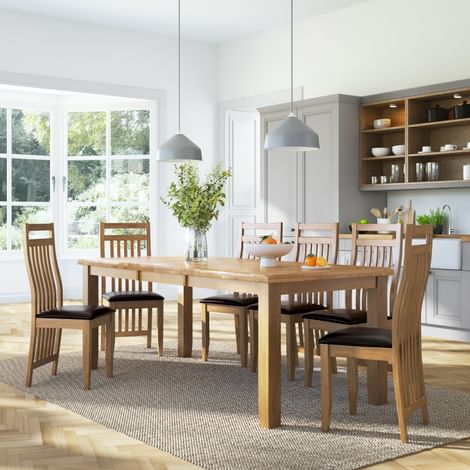 Highbury Extending Dining Table & 6 Bali Chairs, Natural Oak Finished Solid Hardwood, Brown Classic Faux Leather, 150-200cm