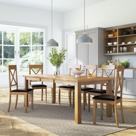 Highbury Extending Dining Table & 4 Kendal Chairs, Natural Oak Finished Solid Hardwood, Brown Classic Faux Leather, 150-200cm