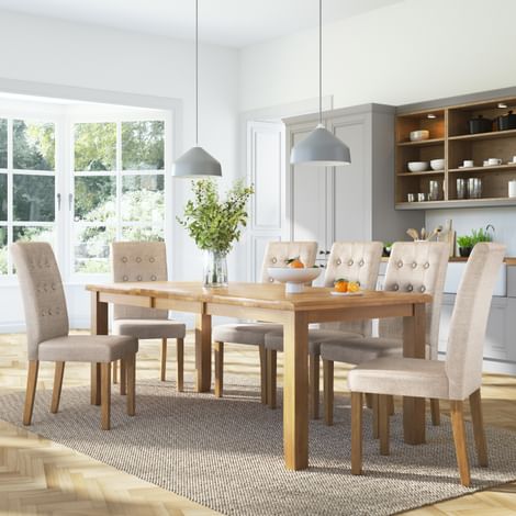Highbury Extending Dining Table & 4 Regent Chairs, Natural Oak Finished Solid Hardwood, Oatmeal Classic Linen-Weave Fabric, 150-200cm