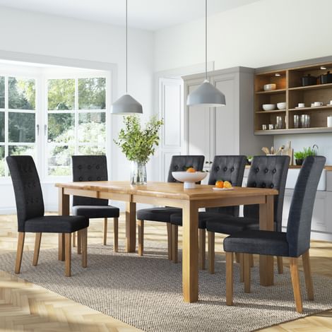 Highbury Extending Dining Table & 6 Regent Chairs, Natural Oak Finished Solid Hardwood, Slate Grey Classic Linen-Weave Fabric, 150-200cm