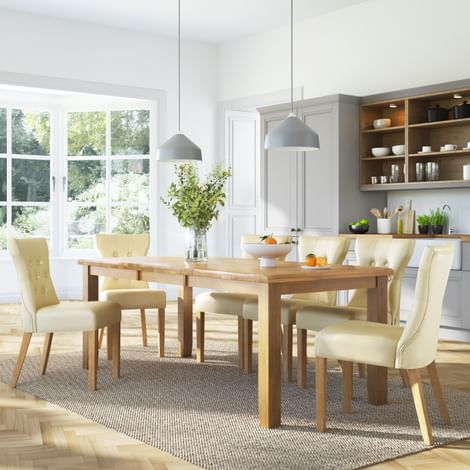 Highbury Extending Dining Table & 4 Bewley Chairs, Natural Oak Finished Solid Hardwood, Ivory Classic Faux Leather, 150-200cm