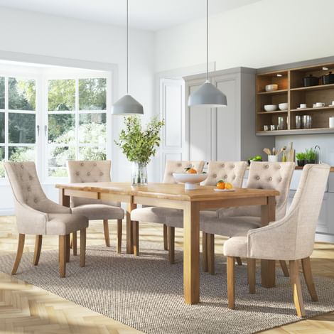 Highbury Extending Dining Table & 6 Duke Chairs, Natural Oak Finished Solid Hardwood, Oatmeal Classic Linen-Weave Fabric, 150-200cm