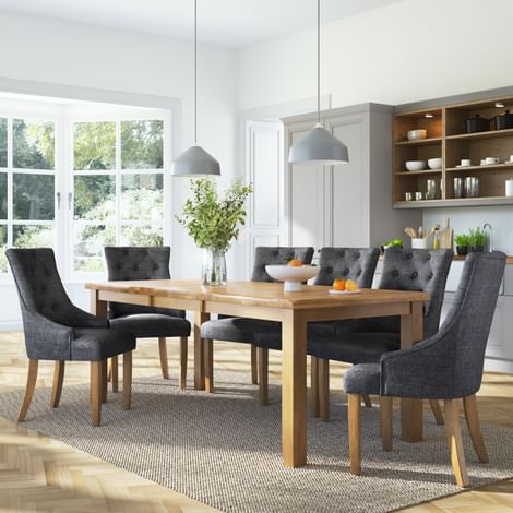 Highbury Extending Dining Table & 8 Duke Chairs, Natural Oak Finished Solid Hardwood, Slate Grey Classic Linen-Weave Fabric, 150-200cm