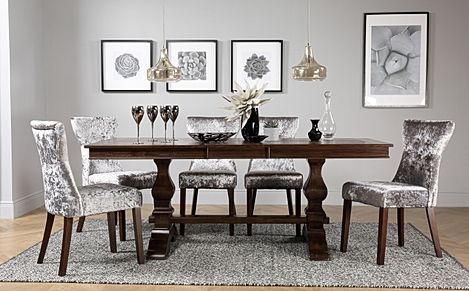 Cavendish Dark Wood Extending Dining Table with 4 Bewley Silver Velvet Chairs