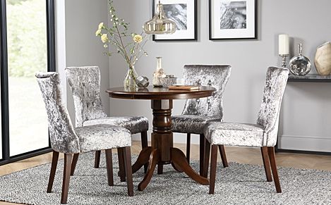 Kingston Round Dark Wood Dining Table with 4 Bewley Silver Velvet Chairs