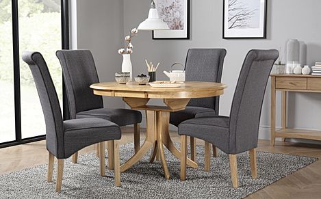 Hudson Round Oak Extending Dining Table with 6 Stamford Slate Fabric Chairs