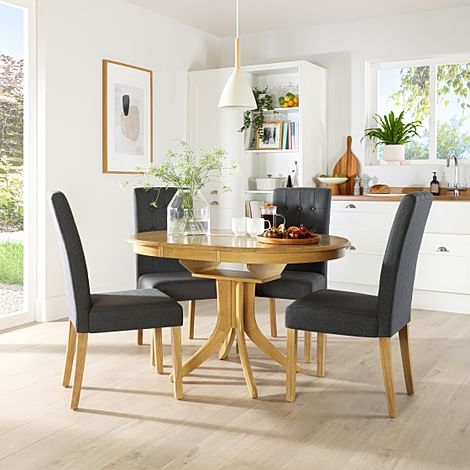 Hudson Round Extending Dining Table & 4 Regent Chairs, Natural Oak Finished Solid Hardwood, Slate Grey Classic Linen-Weave Fabric, 90-120cm