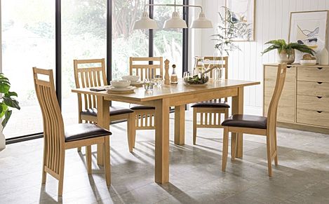 Hamilton Extending Dining Table & 4 Bali Chairs, Natural Oak Veneer & Solid Hardwood, Brown Classic Faux Leather & Natural Oak Finished Solid Hardwood, 120-170cm