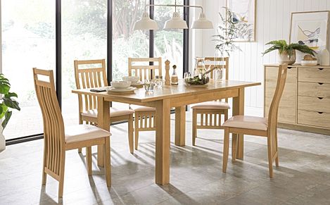 Hamilton Extending Dining Table & 4 Bali Chairs, Natural Oak Veneer & Solid Hardwood, Ivory Classic Faux Leather & Natural Oak Finished Solid Hardwood, 120-170cm