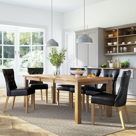 Highbury Oak Extending Dining Table with 8 Bewley Black Leather Chairs