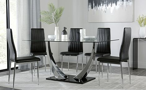 Peake Glass and Chrome Dining Table (Black Gloss Base) with 6 Leon Black Leather Chairs