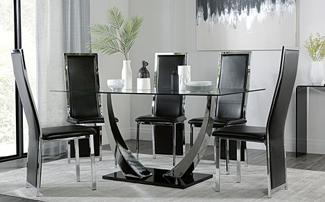 Peake Glass and Chrome Dining Table (Black Gloss Base) with 4 Celeste Black Leather Chairs
