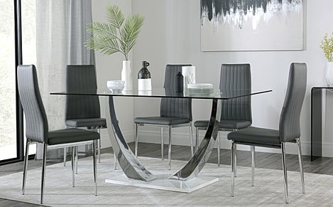 Peake Glass and Chrome Dining Table (White Gloss Base) with 4 Leon Grey Leather Chairs