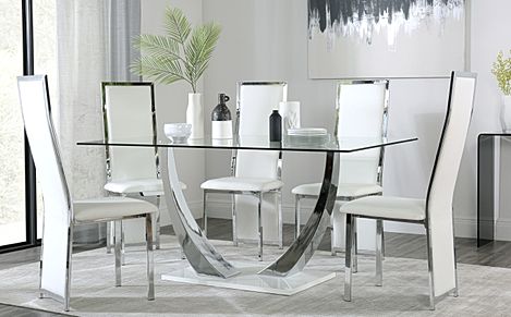 Peake Glass and Chrome Dining Table (White Gloss Base) with 6 Celeste White Leather Chairs