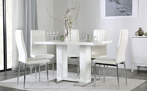 Joule Dining Table & 4 Leon Chairs, White High Gloss, White Classic Faux Leather & Chrome, 120cm