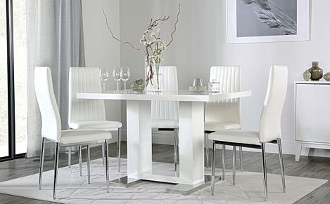 Joule White High Gloss Dining Table with 6 Leon White Leather Chairs
