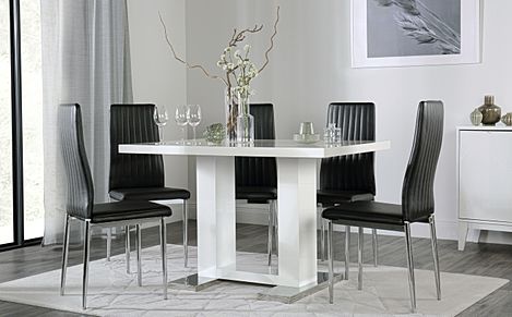 Joule Dining Table & 6 Leon Chairs, White High Gloss, Black Classic Faux Leather & Chrome, 120cm