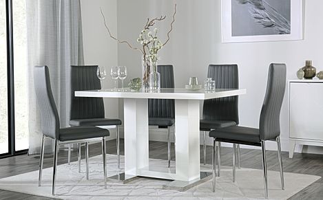 Joule Dining Table & 4 Leon Chairs, White High Gloss, Grey Classic Faux Leather & Chrome, 120cm