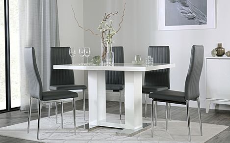 Joule White High Gloss Dining Table with 6 Leon Grey Leather Chairs
