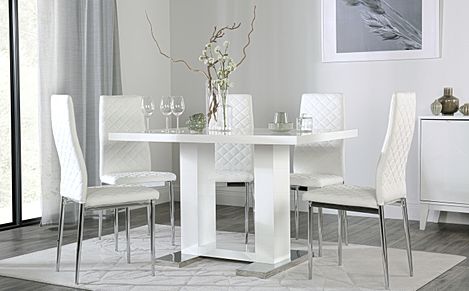 Joule Dining Table & 4 Renzo Chairs, White High Gloss, White Classic Faux Leather & Chrome, 120cm