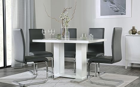 Joule Dining Table & 6 Perth Chairs, White High Gloss, Grey Classic Faux Leather & Chrome, 120cm