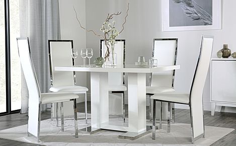 Joule Dining Table & 6 Celeste Chairs, White High Gloss, White Classic Faux Leather & Chrome, 120cm