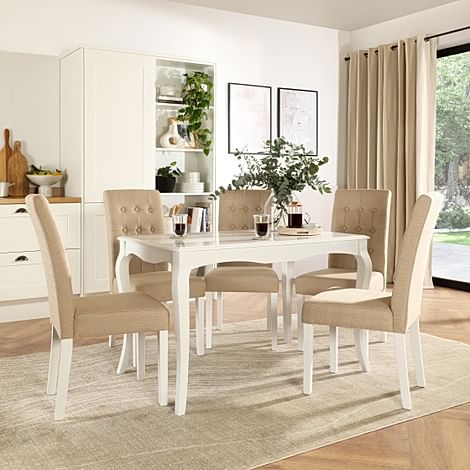 Clarendon Dining Table & 4 Regent Chairs, White Wood, Oatmeal Classic Linen-Weave Fabric, 120cm