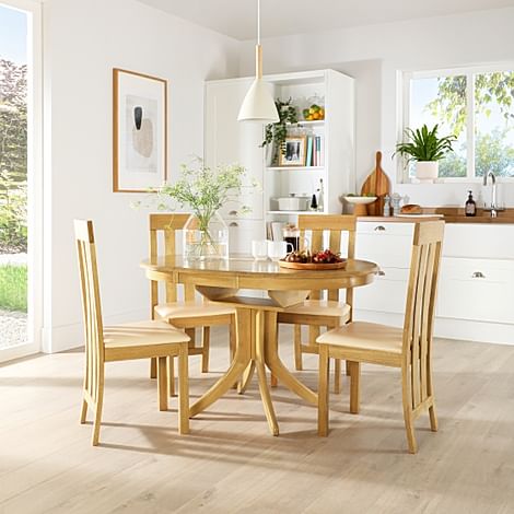 Hudson Round Extending Dining Table & 4 Chester Chairs, Natural Oak Finished Solid Hardwood, Ivory Classic Faux Leather, 90-120cm