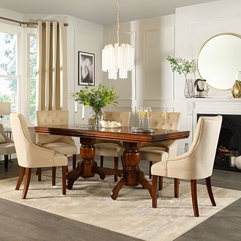 Chatsworth Extending Dining Table & 6 Duke Chairs, Dark Solid Hardwood, Oatmeal Classic Linen-Weave Fabric, 150-180cm