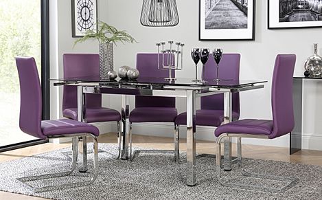 Space Chrome and Black Glass Extending Dining Table with 4 Perth Purple Leather Chairs