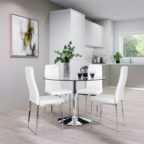 Orbit Round Dining Table & 4 Leon Chairs, Glass & Chrome, White Classic Faux Leather, 110cm