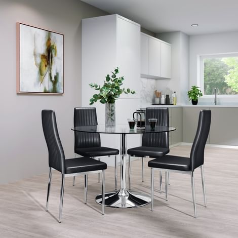 Orbit Round Dining Table & 4 Leon Chairs, Glass & Chrome, Black Classic Faux Leather, 110cm