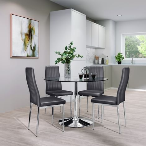 Orbit Round Chrome and Glass Dining Table with 4 Leon Grey Leather Chairs