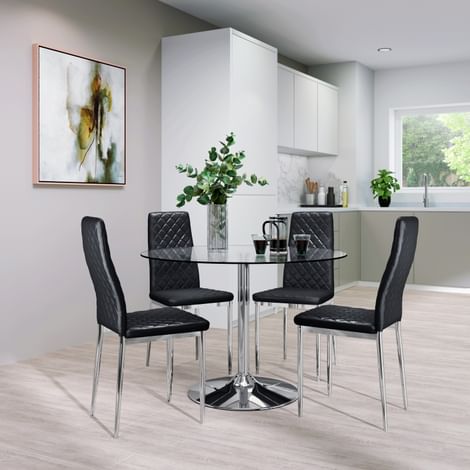 Orbit Round Dining Table & 4 Renzo Chairs, Glass & Chrome, Black Classic Faux Leather, 110cm